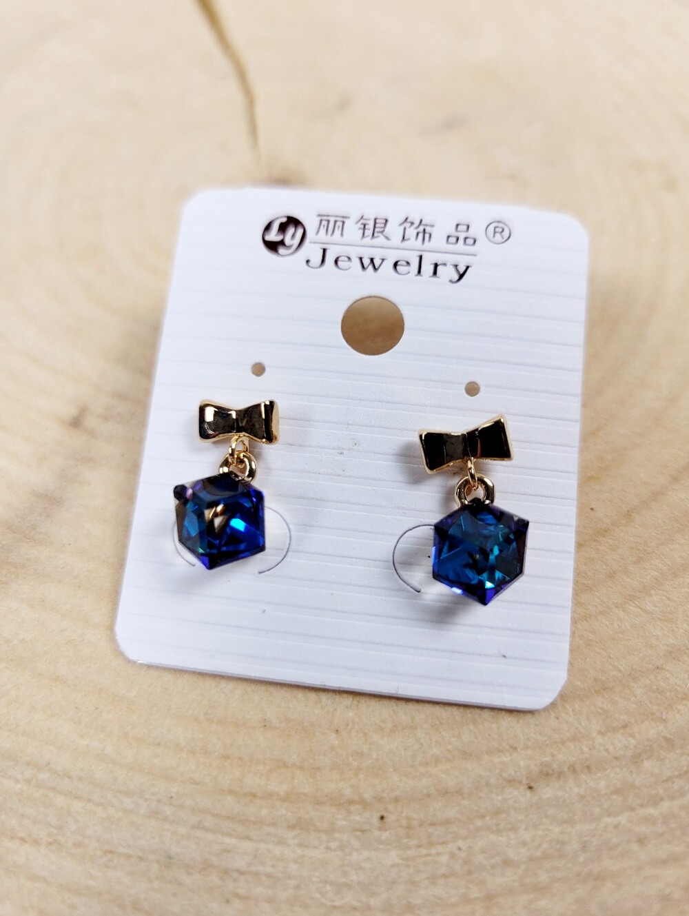 Brand New Gold Tone Ribbon Blue Cube Earrings